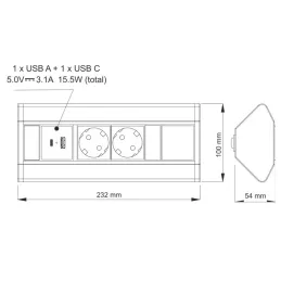 Bloc multiprise encastrable CORNER SCHUKO 2× 230 V + USB A-C / Noir mat