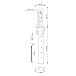 Prise électrique escamotable automatique ASTRA SCHUKO 3x230V + 2xUSB A-C / Noire