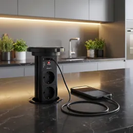 Prise électrique escamotable automatique ASTRA SCHUKO 3x230V + 2xUSB A-C / Noire