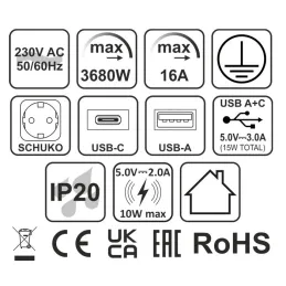 Prise électrique escamotable automatique ASTRA SCHUKO 3x230V + 2xUSB A-C / Aluminium
