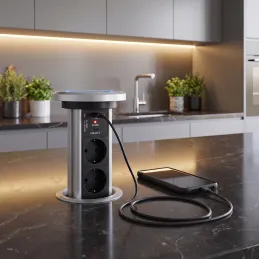 Prise électrique escamotable automatique ASTRA SCHUKO 3x230V + 2xUSB A-C / Aluminium