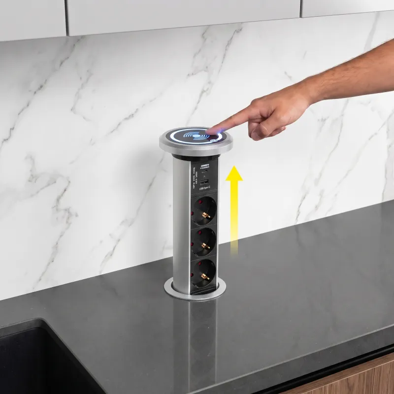 Prise électrique escamotable automatique ASTRA SCHUKO 3x230V + 2xUSB A-C / Aluminium