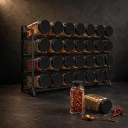 Organisateur de table pour épices avec 28 bocaux / Noir mat