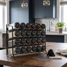 Organisateur de table pour épices avec 28 bocaux / Noir mat