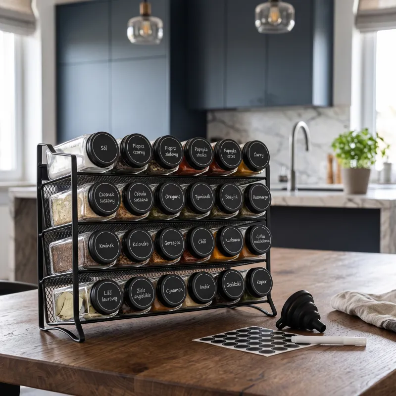 Organisateur de table pour épices avec 28 bocaux / Noir mat