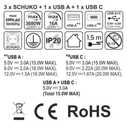 Prise escamotable AMBIENTE SCHUKO 3x230V + USB A-C / Noir mat