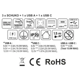 Prise escamotable automatique AMBIENTE SCHUKO 3x230V + USB A-C avec éclairage et chargement / Verre noir