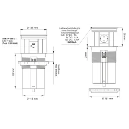 Prise escamotable automatique AMBIENTE SCHUKO 3x230V + USB A-C avec éclairage et chargement / Verre noir