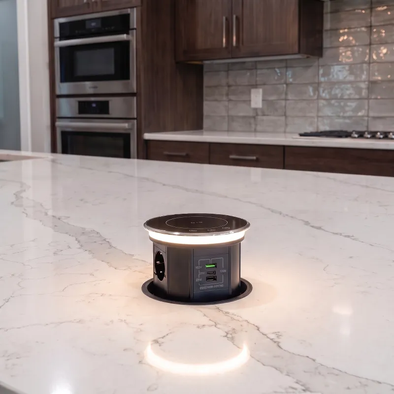 Prise escamotable automatique AMBIENTE SCHUKO 3x230V + USB A-C avec éclairage et chargement / Verre noir