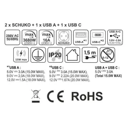 Prise escamotable AVION SCHUKO 2x230V + USB A-C et chargeur à induction / Noir mat