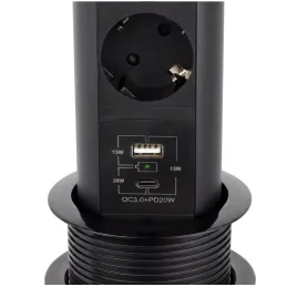 Prise escamotable AVION SCHUKO 2x230V + USB A-C et chargeur à induction / Noir mat