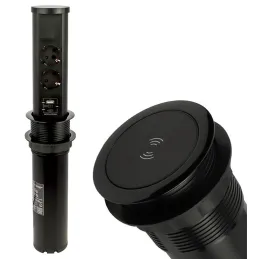 Prise escamotable AVION SCHUKO 2x230V + USB A-C et chargeur à induction / Noir mat