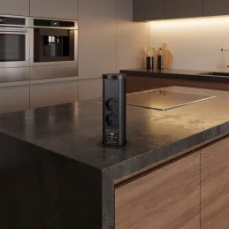 Prise escamotable AVION SCHUKO 2x230V + USB A-C et chargeur à induction / Noir mat