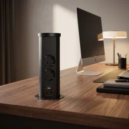 Prise escamotable AVION SCHUKO 2x230V + USB A-C et chargeur à induction / Noir mat