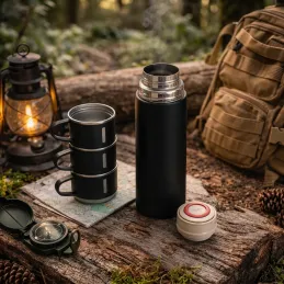 Thermos design avec 3 gobelets 400 ml / Noir mat