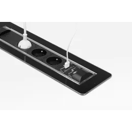 Prise électrique escamotable VERSATURN 3.0 – 2x230V + recharge USB / verre noir