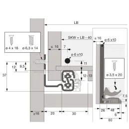 Coulisse à sortie totale dissimulée QUADRO V6 avec amortissement et attaches / 30 kg