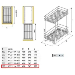 Porte-poubelles double coulissant avec fermeture amortie / Chrome brillant